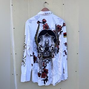 Rebel Spirit Royal Way Shirt with Black Demon Mask & Red Floral Accents Size XXL